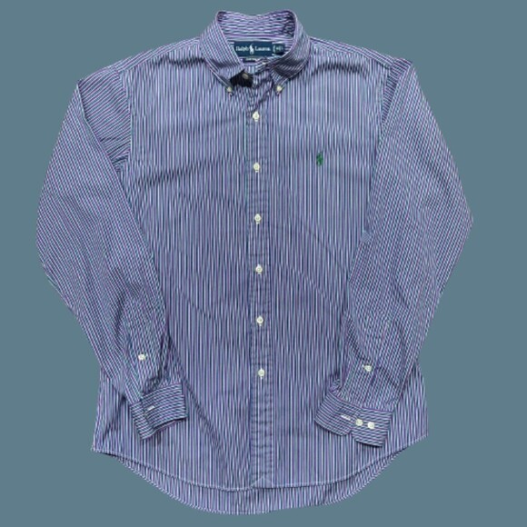 Polo Ralph Lauren Vintage Custom Fit Pinstriped Purple Green Dress Shirt Large - Picture 1 of 7